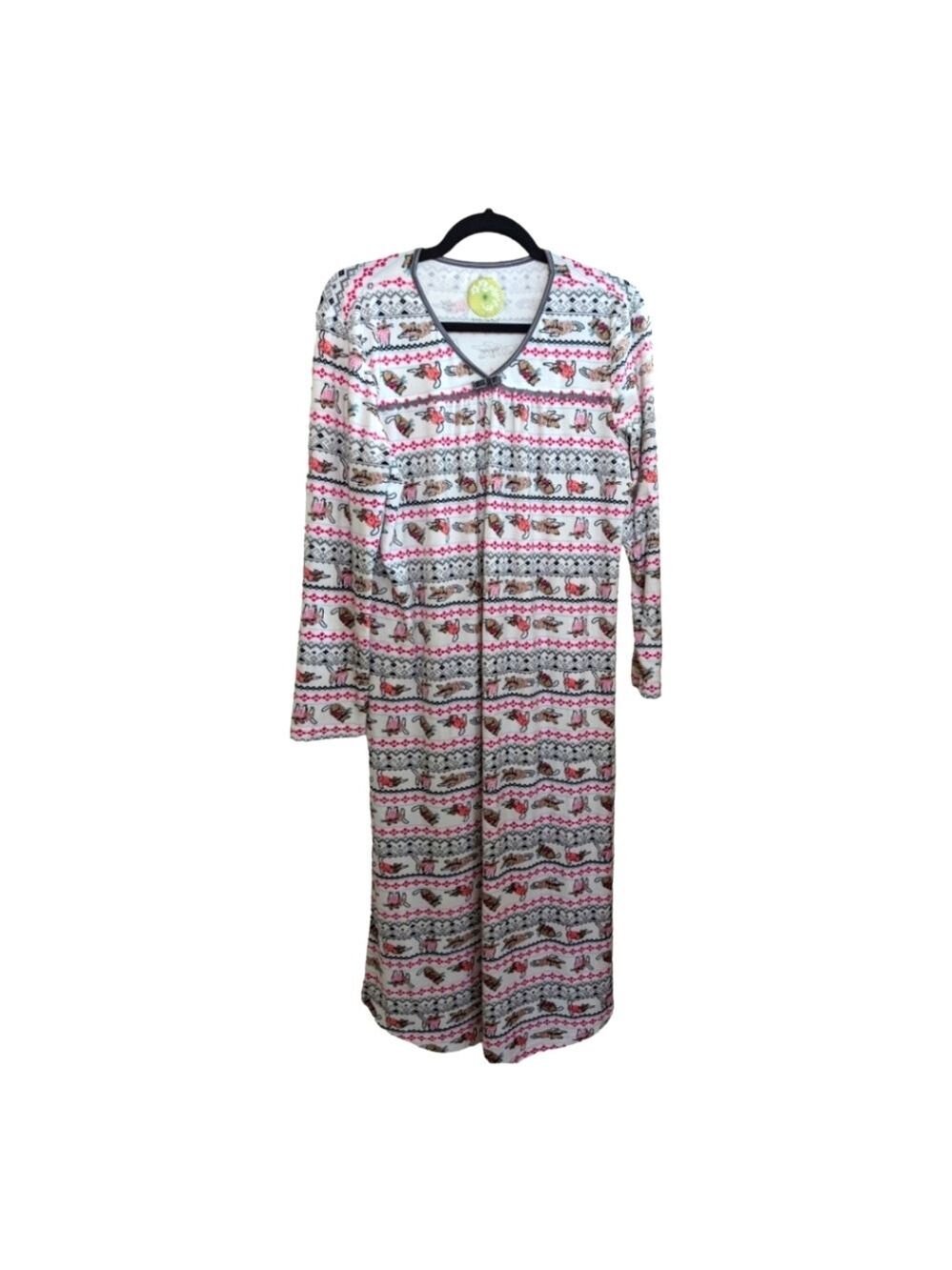 Wild Orchid All over Cat Print LS Vneck Maxi Nightgown Size Small EUC